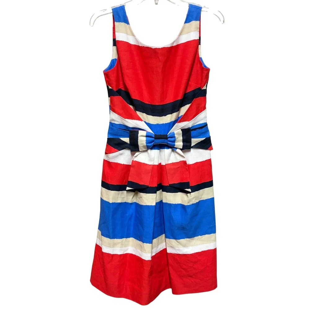 Kate Spade New York Red Blue Striped Cotton Linen Bow Waist Dress NJMU1587 2